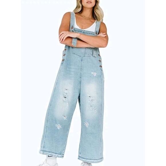 Oversized Distressed Denim Overalls • Women’s M • Boho Festival Wide Leg - Picture 1 of 14